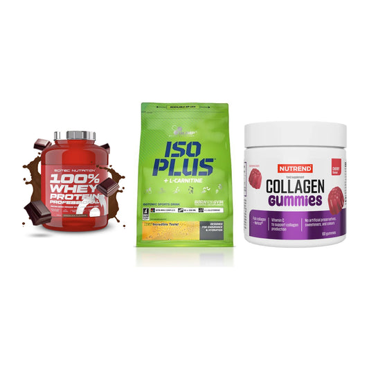 Regenerations-Set: Scitec 100% + Olimp Iso Plus + Nutrend Collage – alle enthaltenen Artikel