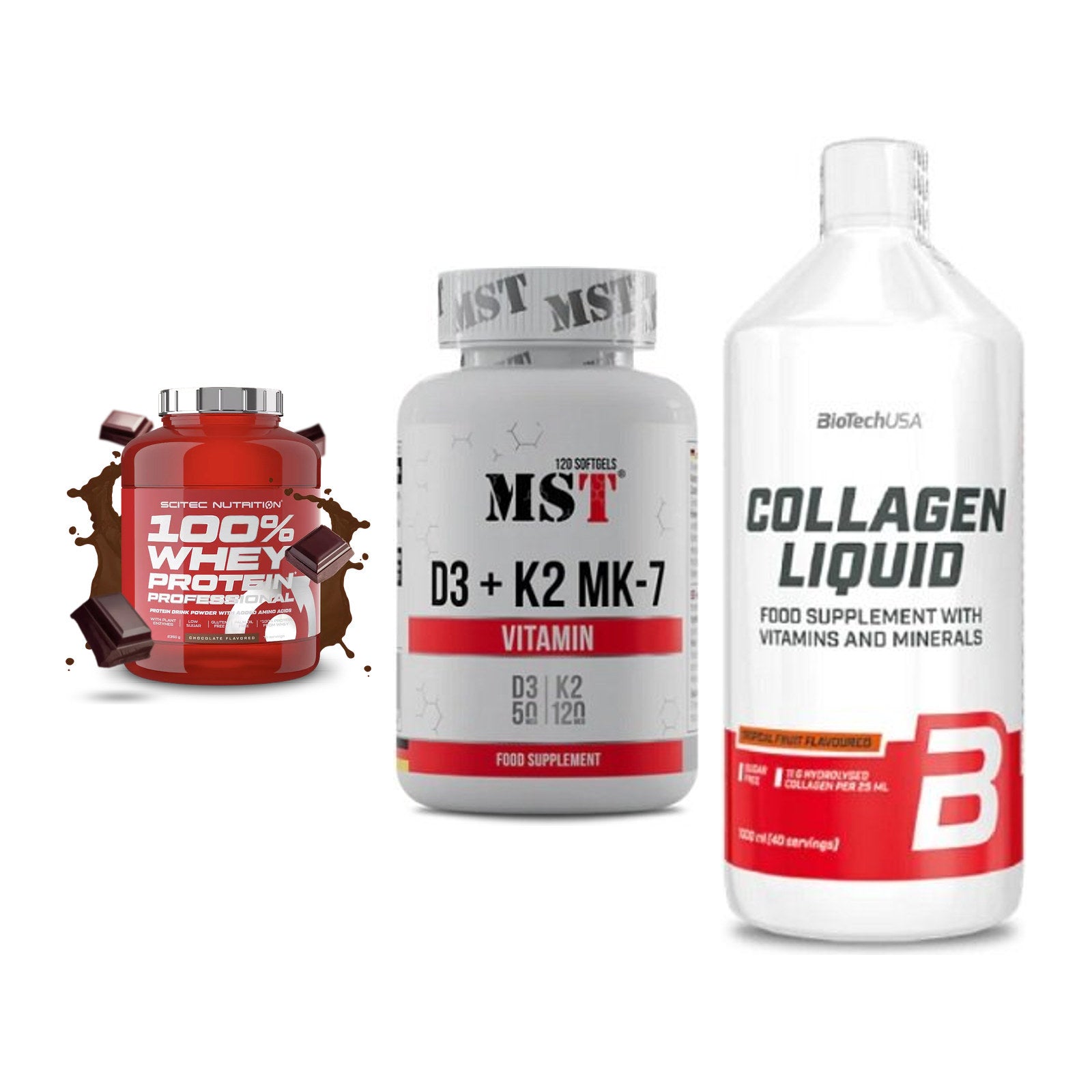 Regenerations-Set: Scitec 100% + MST Vitamin D3 + BioTech Collage – alle enthaltenen Artikel
