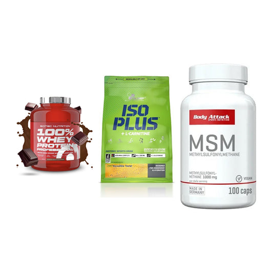 Regenerations-Set: Scitec 100% + Olimp Iso Plus + Body Attack MSM – alle enthaltenen Artikel