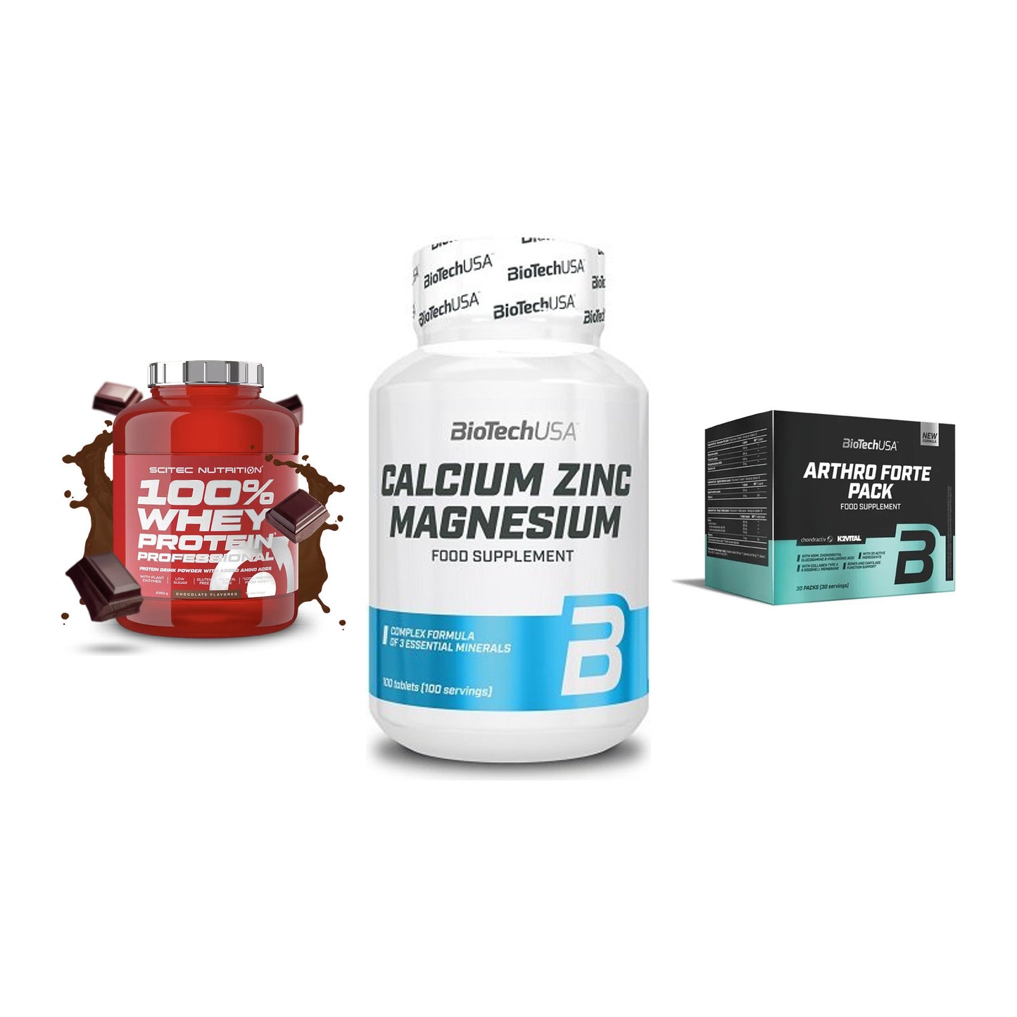 Regenerations-Set: Scitec 100% + BioTech Calcium + BioTech Arthro – alle enthaltenen Artikel