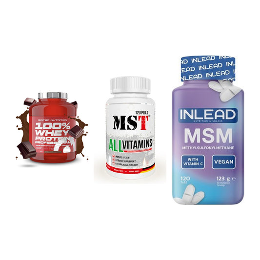 Regenerations-Set: Scitec 100% + MST All Vitamin + INLEAD MSM – alle enthaltenen Artikel