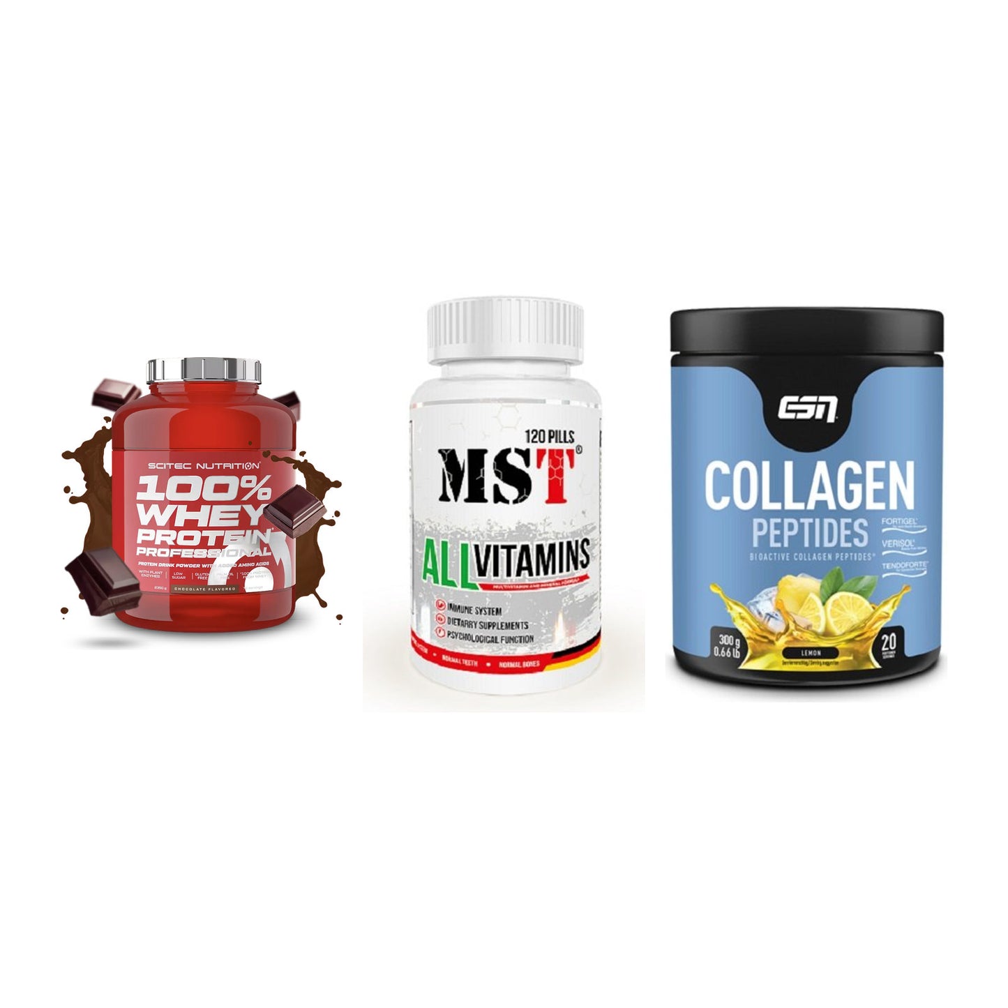 Regenerations-Set: Scitec 100% + MST All Vitamin + ESN Collagen – alle enthaltenen Artikel