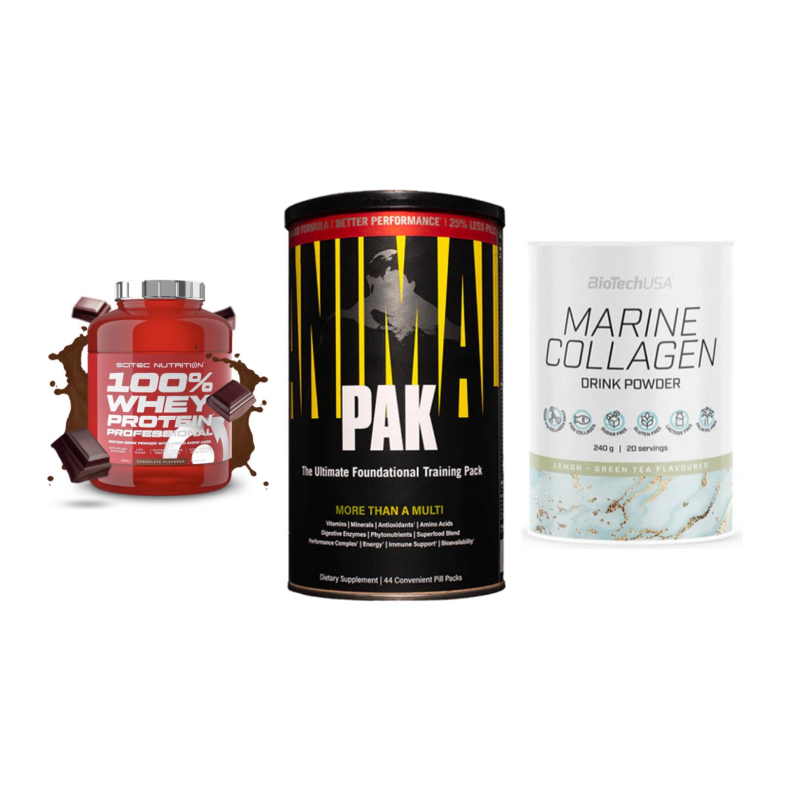 Regenerations-Set: Scitec 100% + Universal + BioTech Marine – alle enthaltenen Artikel