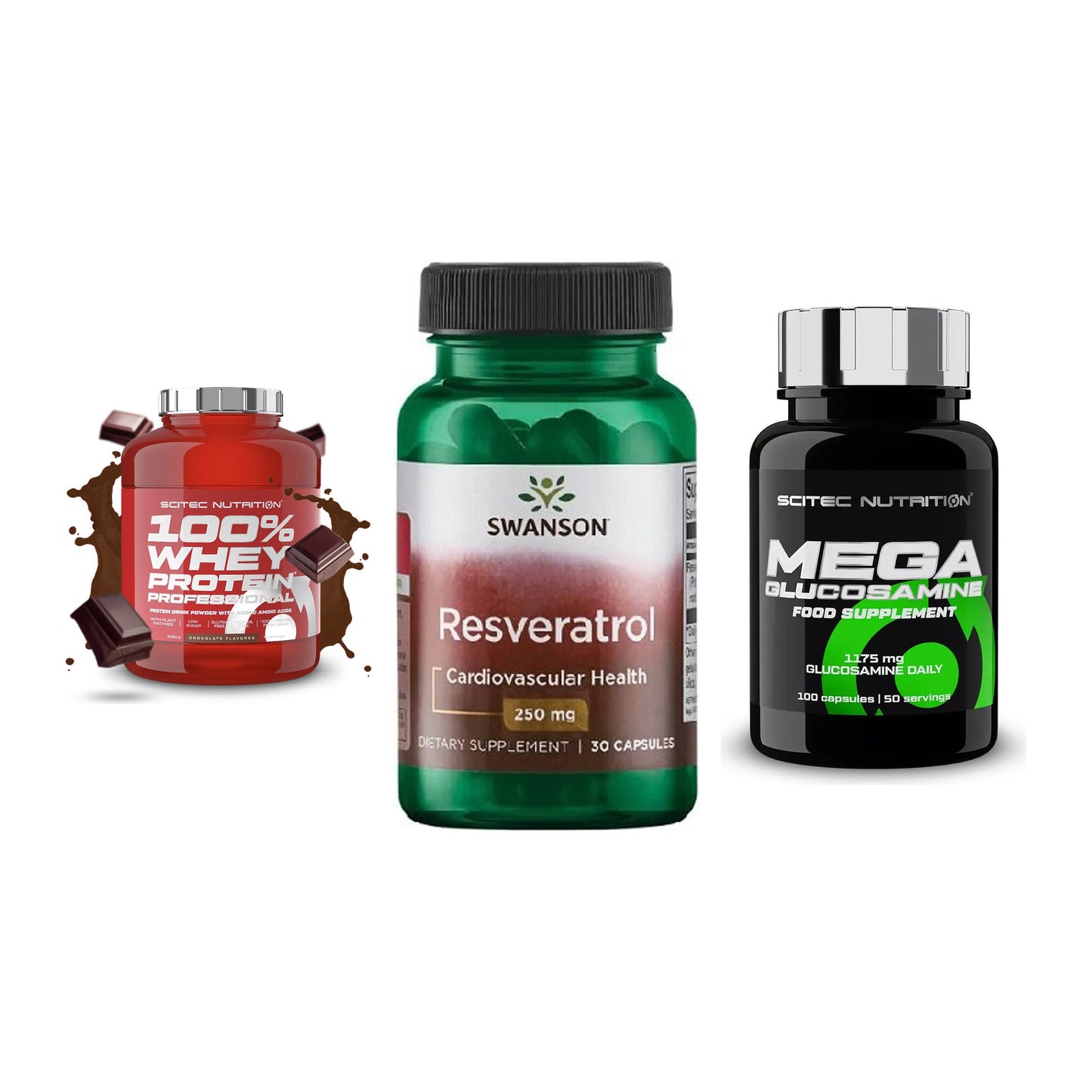 Regenerations-Set: Scitec 100% + Swanson Resvera + Scitec Mega – alle enthaltenen Artikel