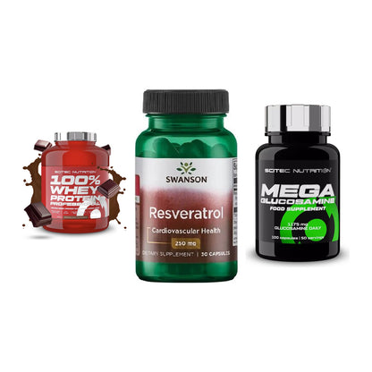 Regenerations-Set: Scitec 100% + Swanson Resvera + Scitec Mega – alle enthaltenen Artikel