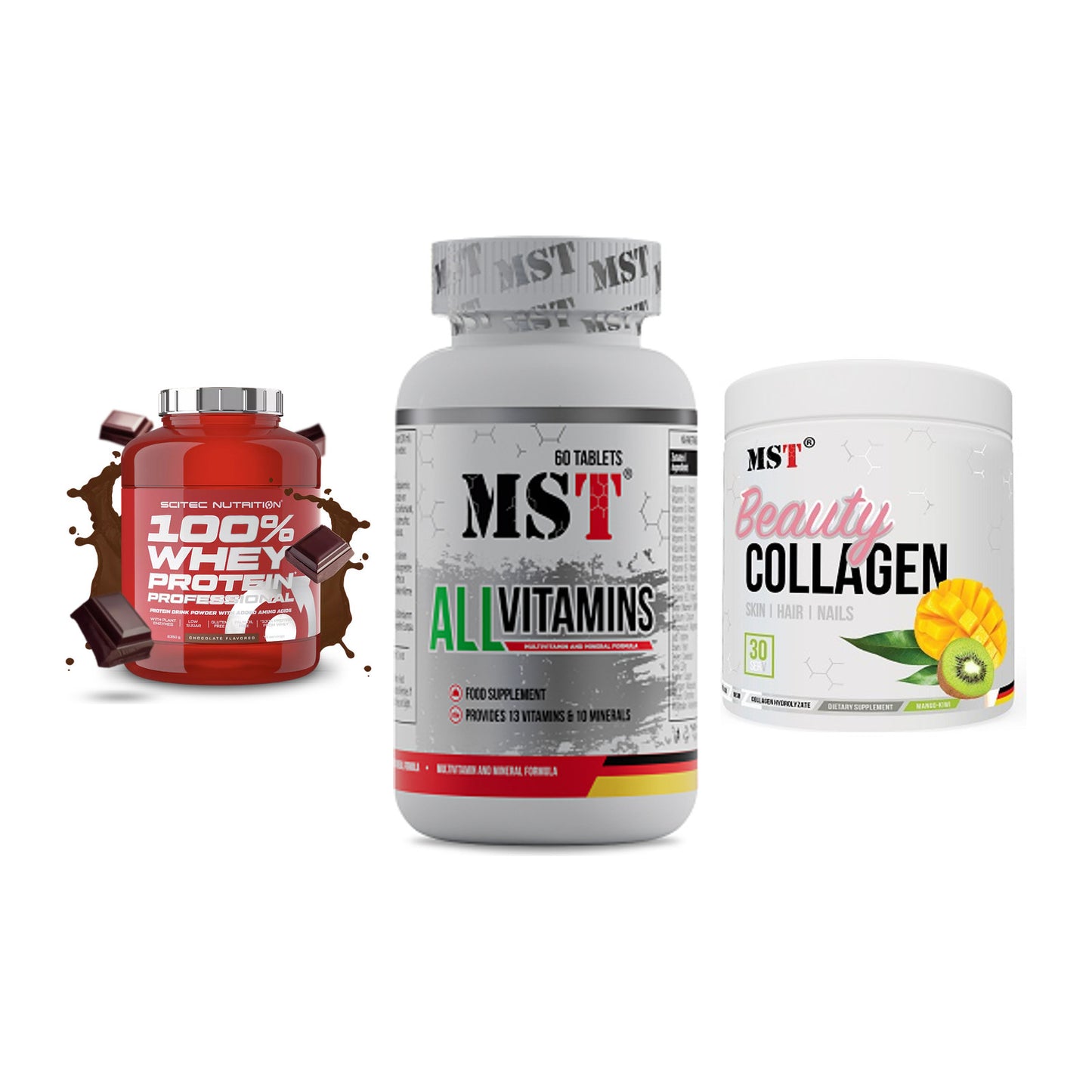 Regenerations-Set: Scitec 100% + MST All Vitamin + MST Beauty – alle enthaltenen Artikel