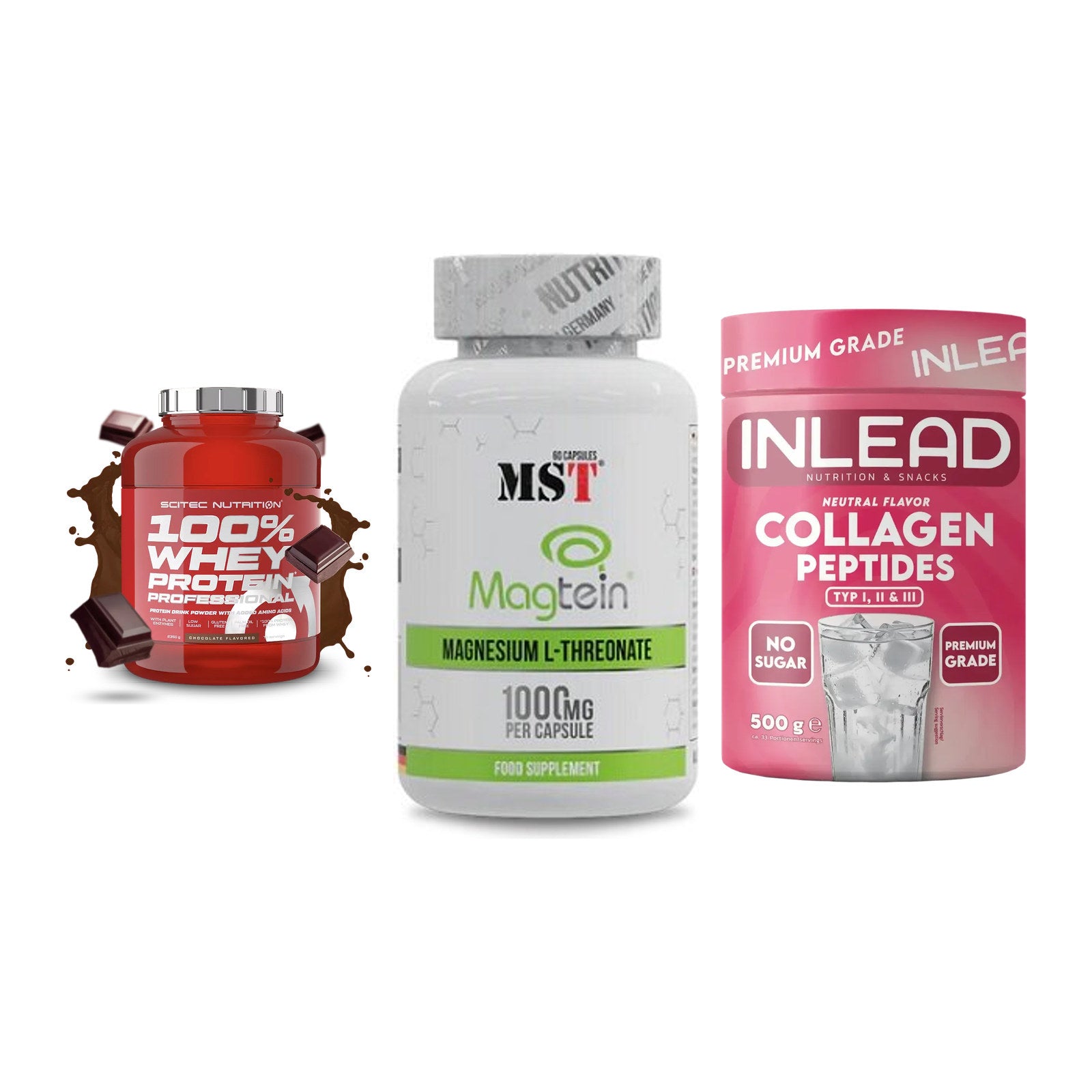 Regenerations-Set: Scitec 100% + MST Magnesium + INLEAD Collagen – alle enthaltenen Artikel
