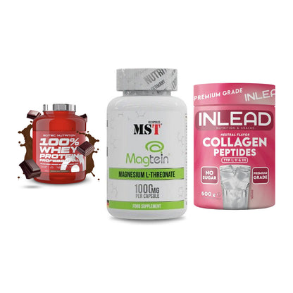 Regenerations-Set: Scitec 100% + MST Magnesium + INLEAD Collagen – alle enthaltenen Artikel