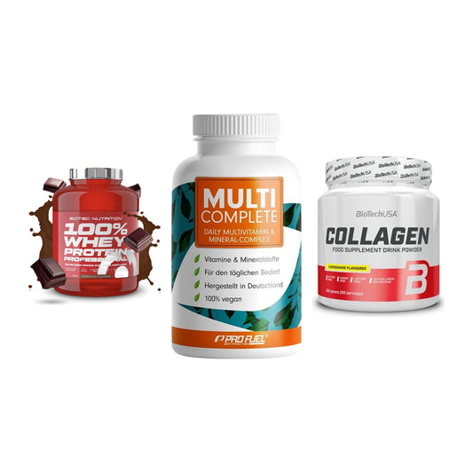 Regenerations-Set: Scitec 100% + ProFuel MULTI + BioTech Collage – alle enthaltenen Artikel