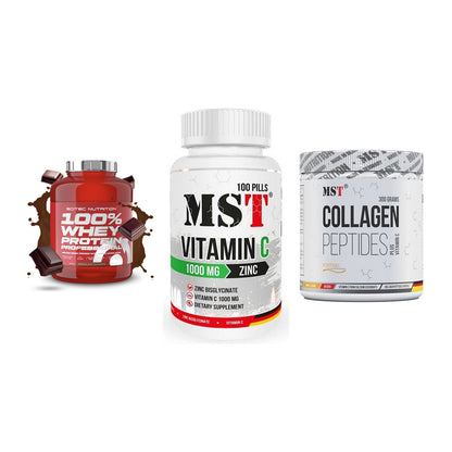 Regenerations-Set: Scitec 100% + MST Vitamin C + MST Collagen – alle enthaltenen Artikel