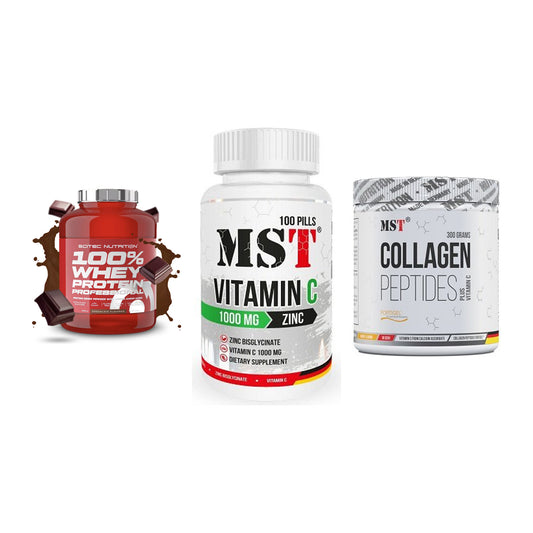 Regenerations-Set: Scitec 100% + MST Vitamin C + MST Collagen – alle enthaltenen Artikel