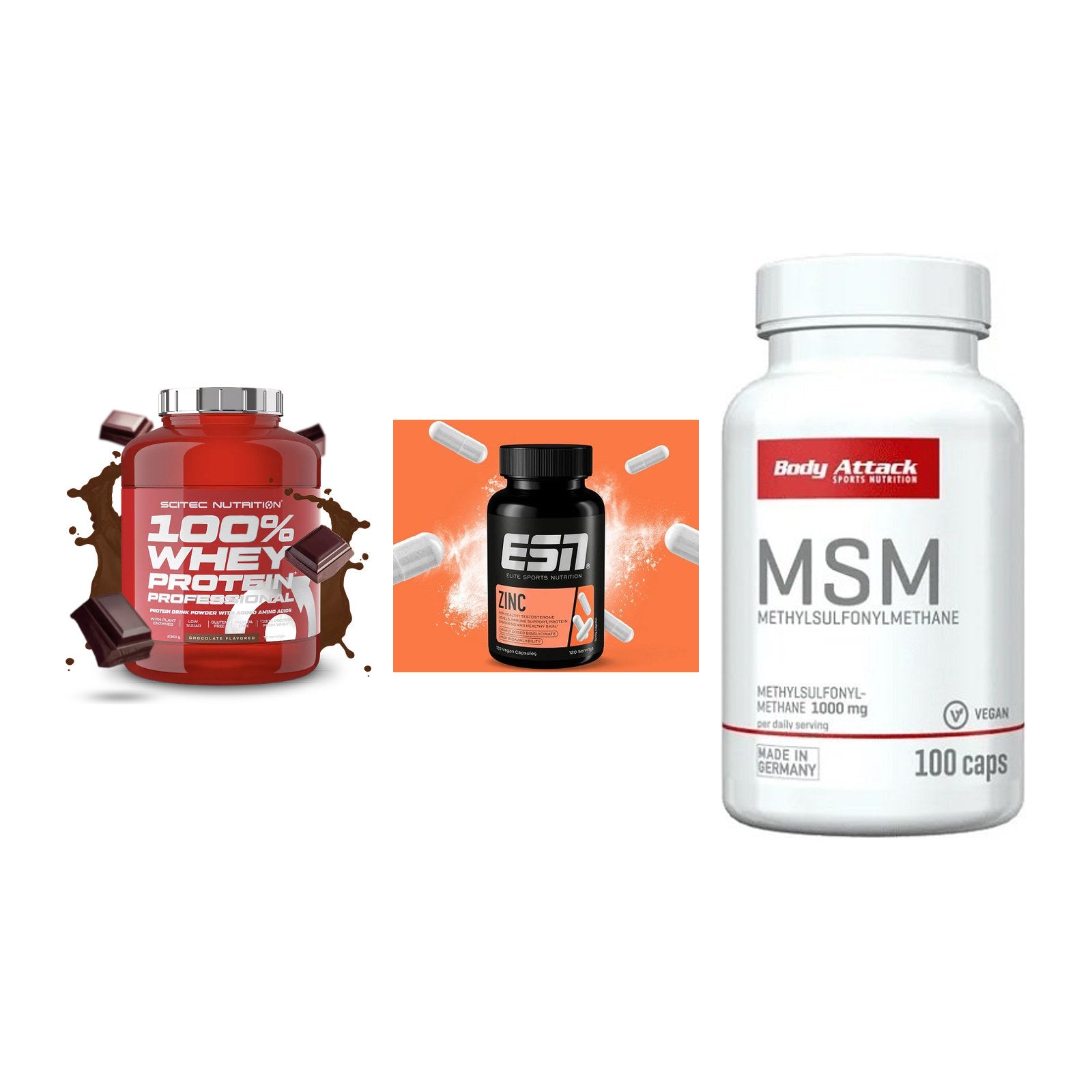 Regenerations-Set: Scitec 100% + ESN Zinc + Body Attack MSM – alle enthaltenen Artikel