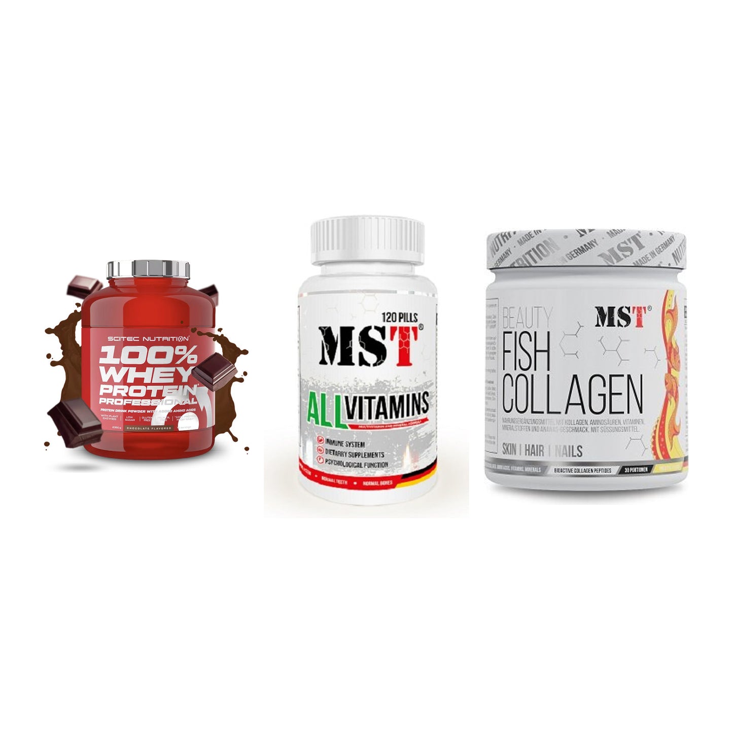 Regenerations-Set: Scitec 100% + MST All Vitamin + MST Beauty Fish – alle enthaltenen Artikel