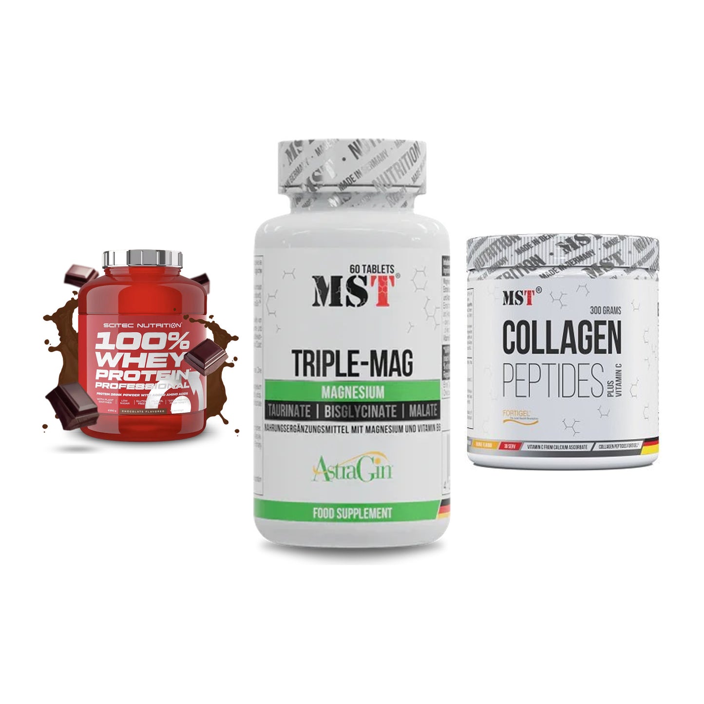 Regenerations-Set: Scitec 100% + MST Tripple Mag + MST Collagen – alle enthaltenen Artikel