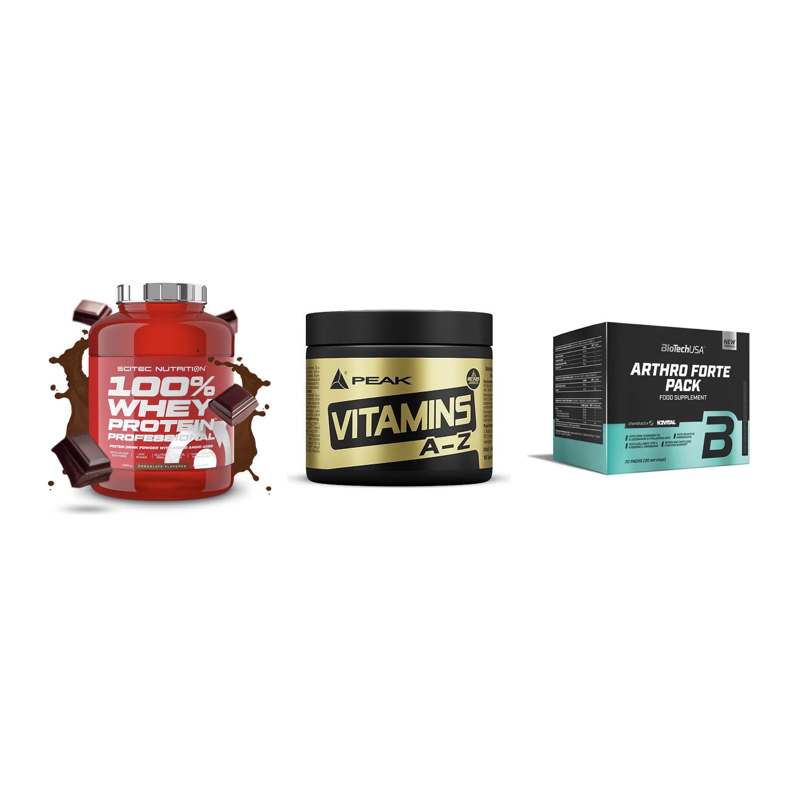 Regenerations-Set: Scitec 100% + Peak Vitamin + BioTech Arthro – alle enthaltenen Artikel