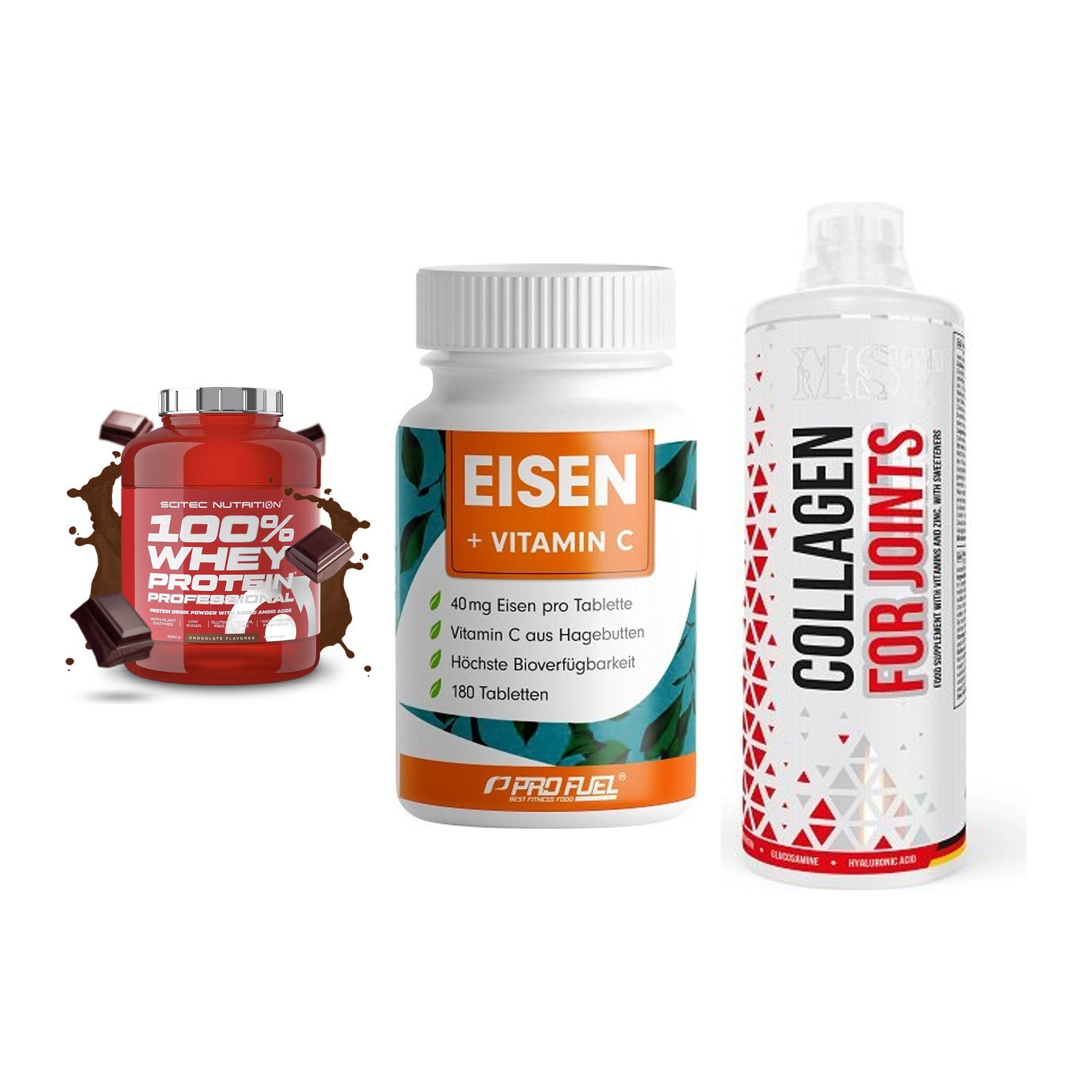 Regenerations-Set: Scitec 100% + ProFuel EISEN + MST Collagen – alle enthaltenen Artikel