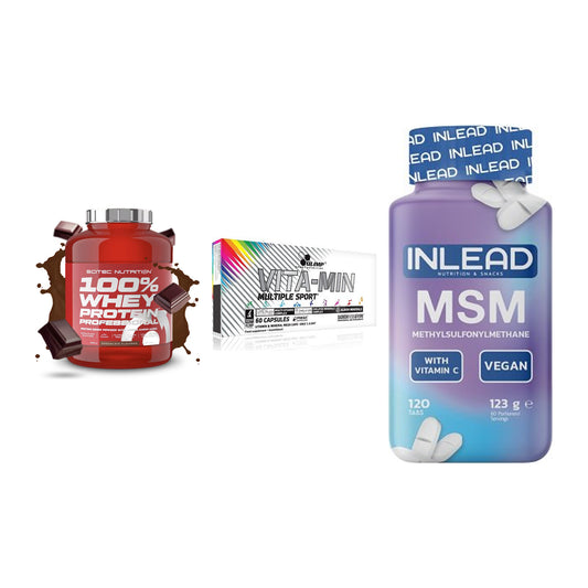 Regenerations-Set: Scitec 100% + Olimp Vita-Min + INLEAD MSM – alle enthaltenen Artikel