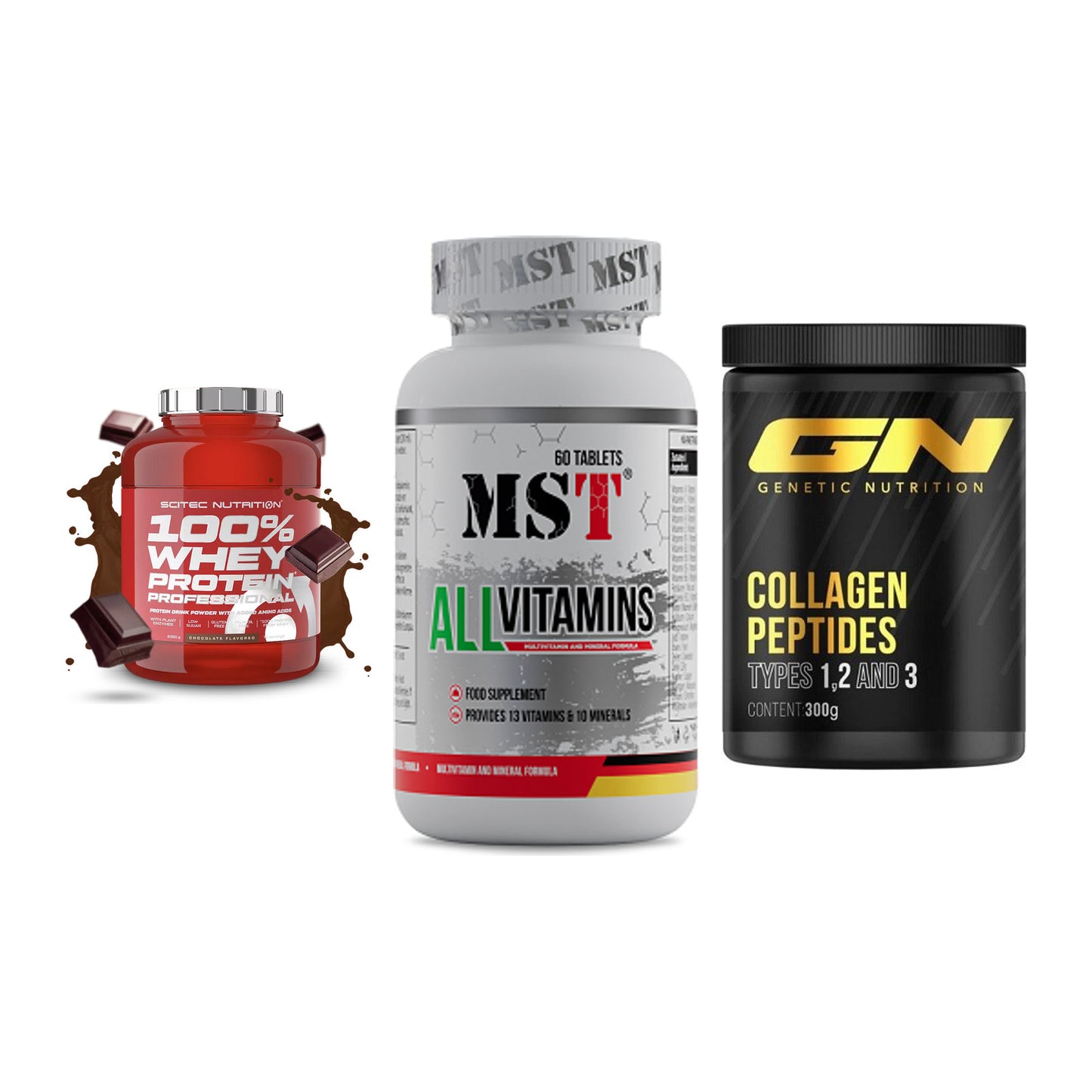 Regenerations-Set: Scitec 100% + MST All Vitamin + GN Peptan – alle enthaltenen Artikel