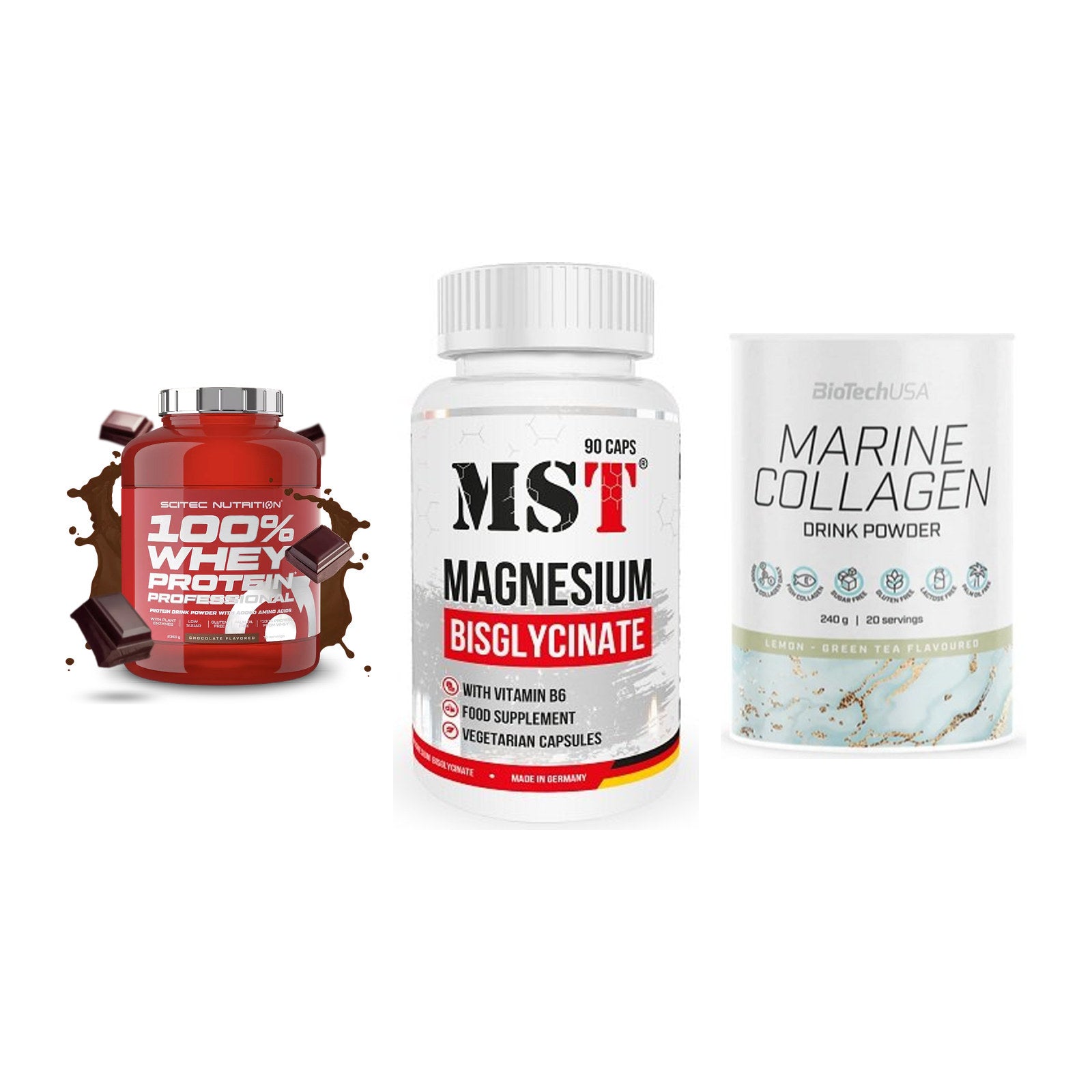 Regenerations-Set: Scitec 100% + MST Magnesium + BioTech Marine – alle enthaltenen Artikel
