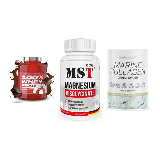 Regenerations-Set: Scitec 100% + MST Magnesium + BioTech Marine – alle enthaltenen Artikel