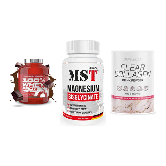 Regenerations-Set: Scitec 100% + MST Magnesium + BioTech Clear – alle enthaltenen Artikel