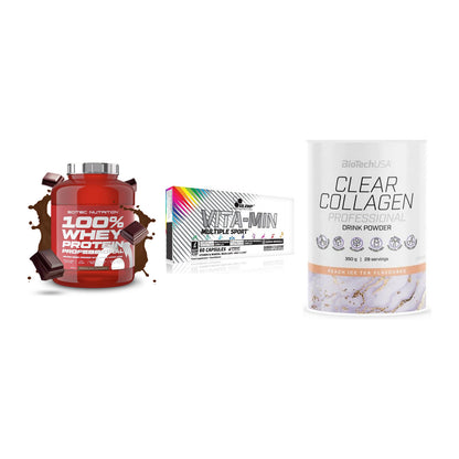 Regenerations-Set: Scitec 100% + Olimp Vita-Min + BioTech Clear – alle enthaltenen Artikel