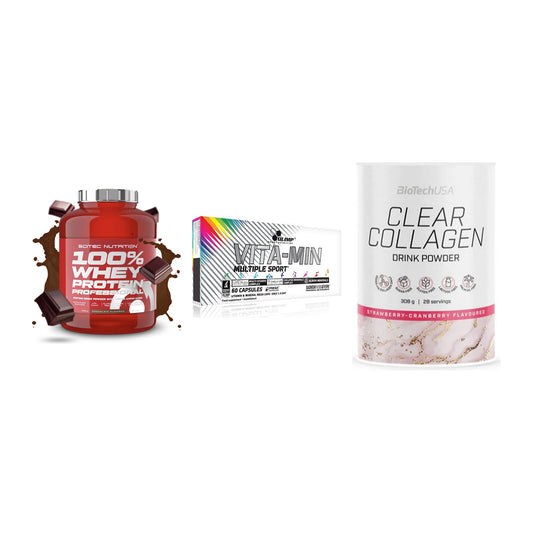Regenerations-Set: Scitec 100% + Olimp Vita-Min + BioTech Clear – alle enthaltenen Artikel