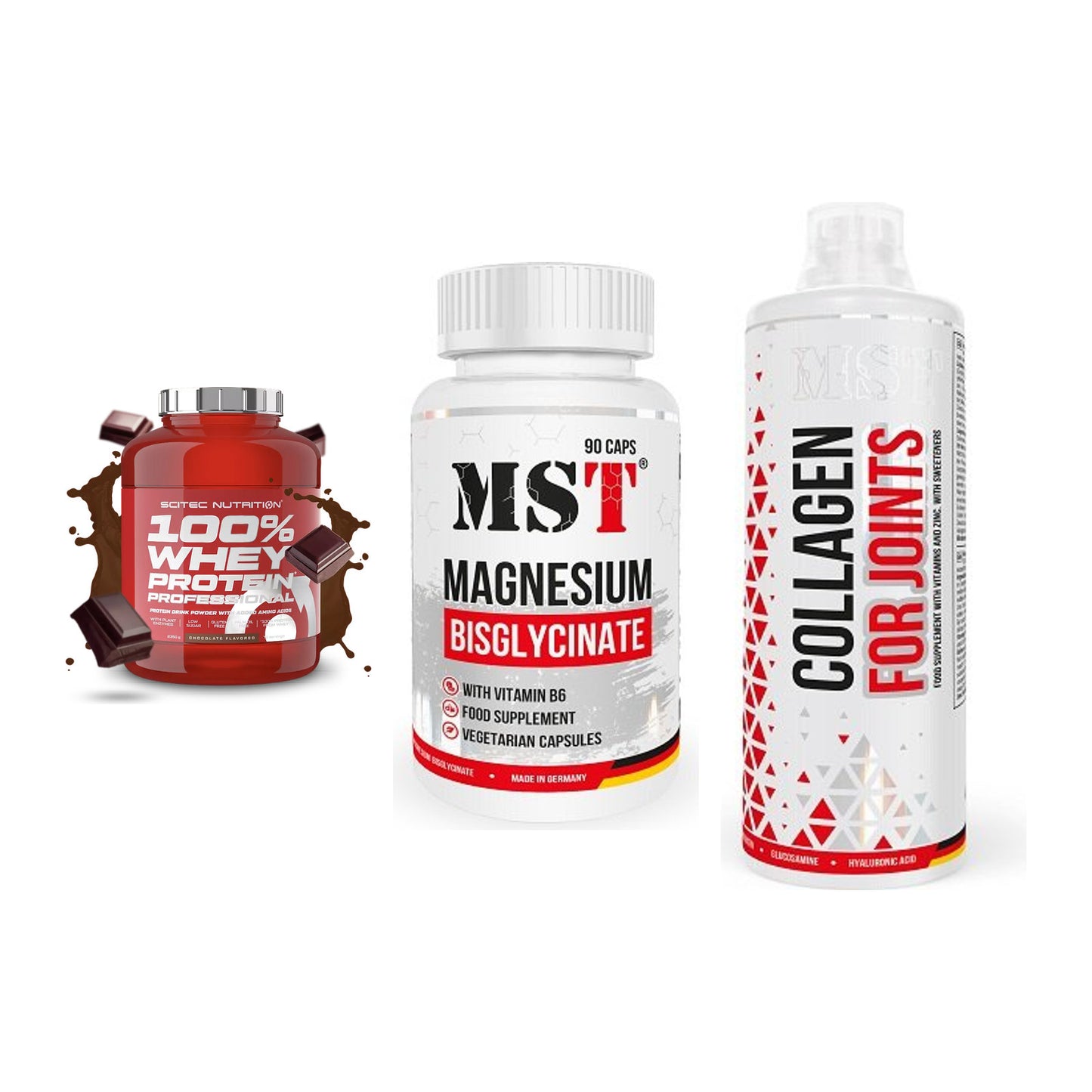 Regenerations-Set: Scitec 100% + MST Magnesium + MST Collagen – alle enthaltenen Artikel