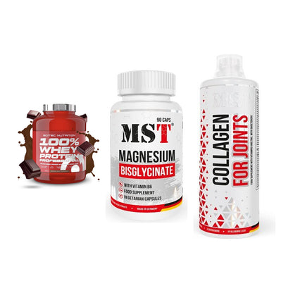 Regenerations-Set: Scitec 100% + MST Magnesium + MST Collagen – alle enthaltenen Artikel
