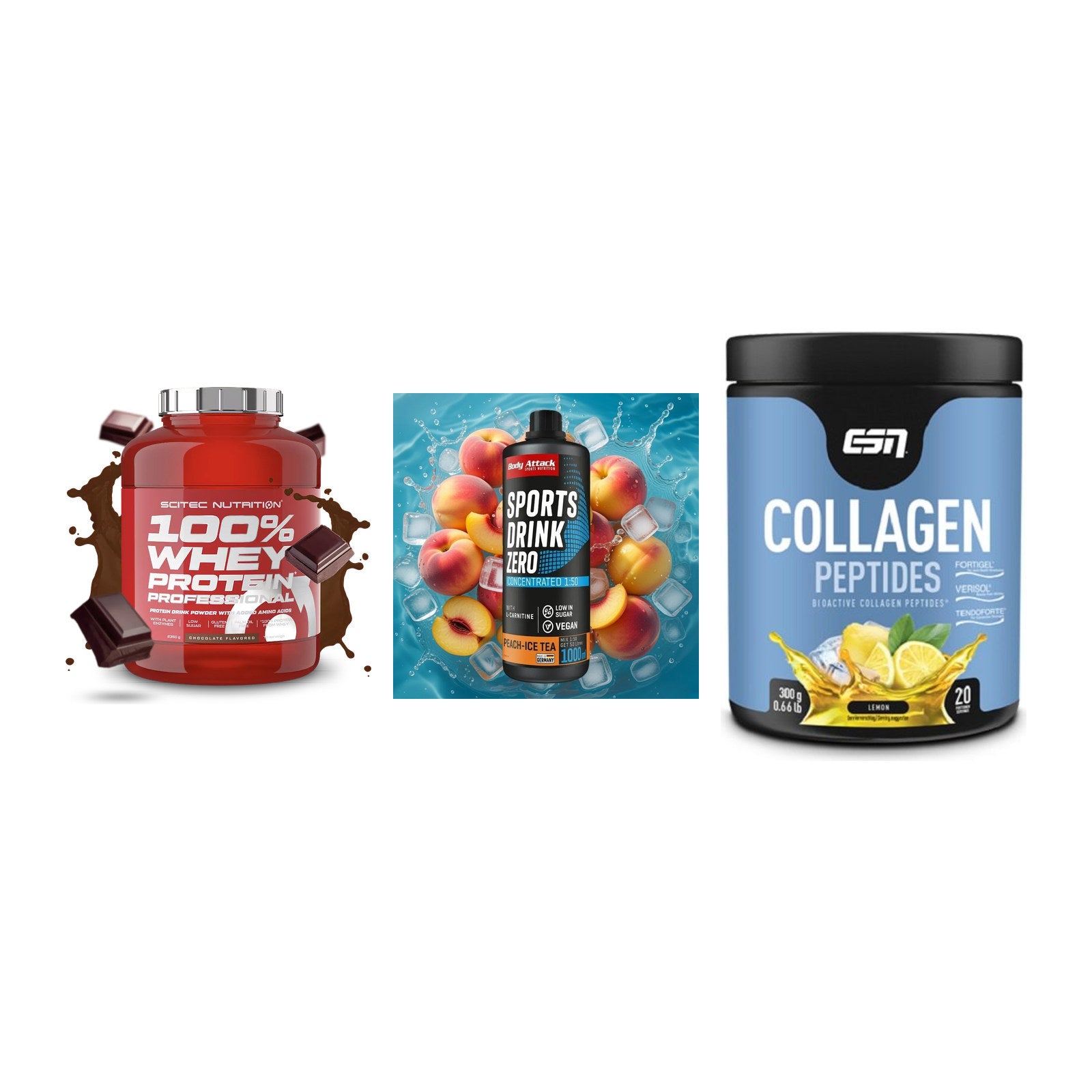 Regenerations-Set: Scitec 100% + Body Attack + ESN Collagen – alle enthaltenen Artikel