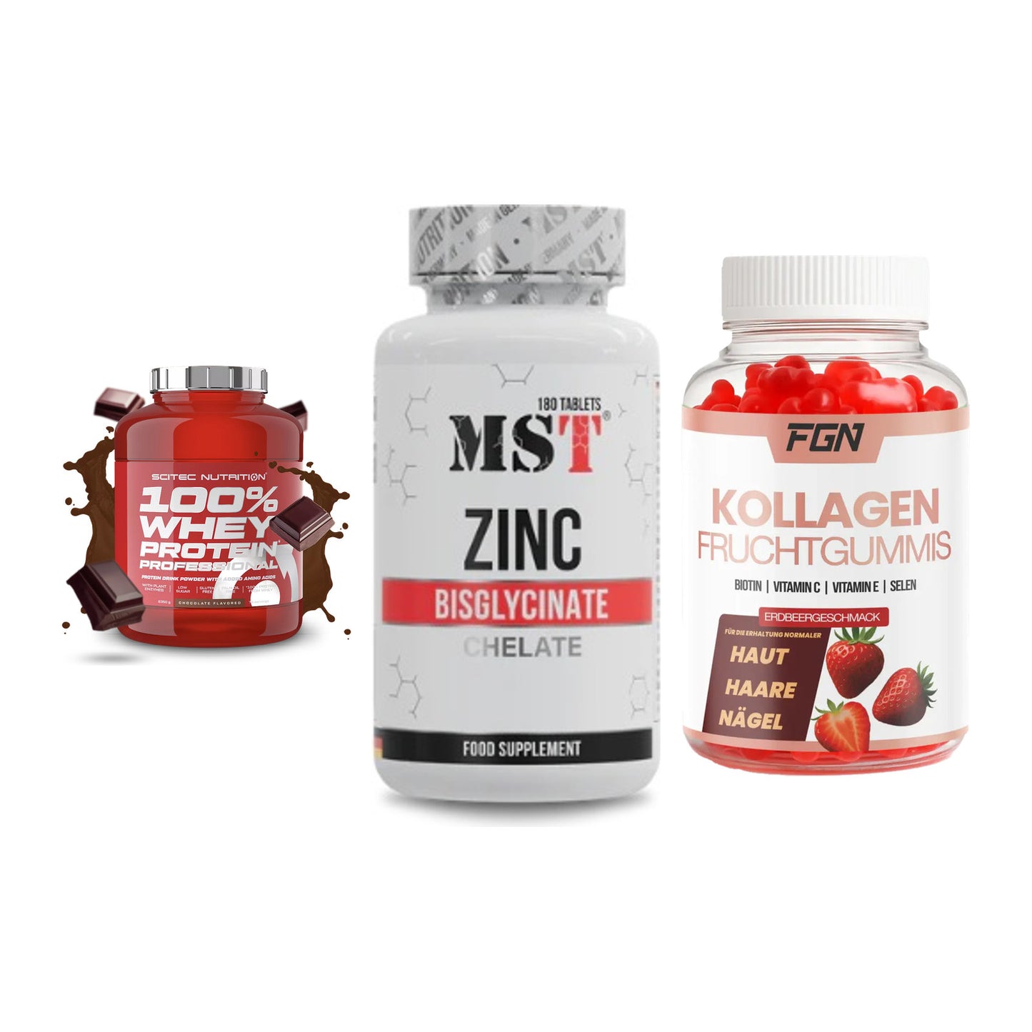 Regenerations-Set: Scitec 100% + MST Zinc + FGN Kollagen 60 – alle enthaltenen Artikel