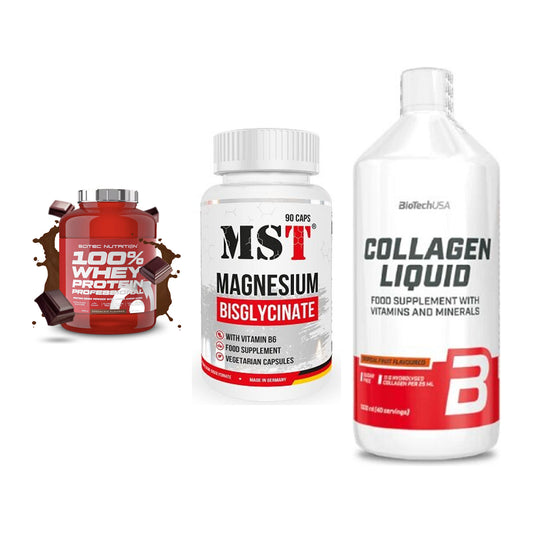 Regenerations-Set: Scitec 100% + MST Magnesium + BioTech Collage – alle enthaltenen Artikel