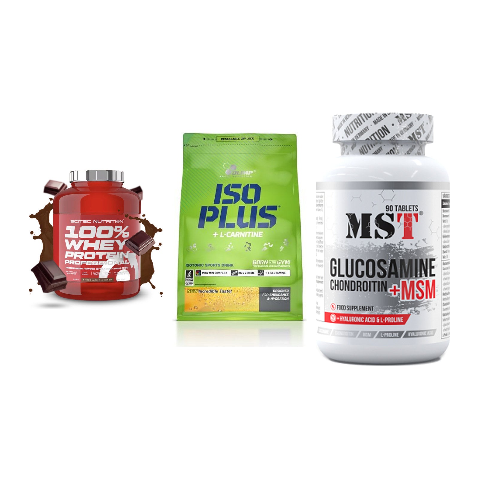 Regenerations-Set: Scitec 100% + Olimp Iso Plus + MST Glucosamine – alle enthaltenen Artikel