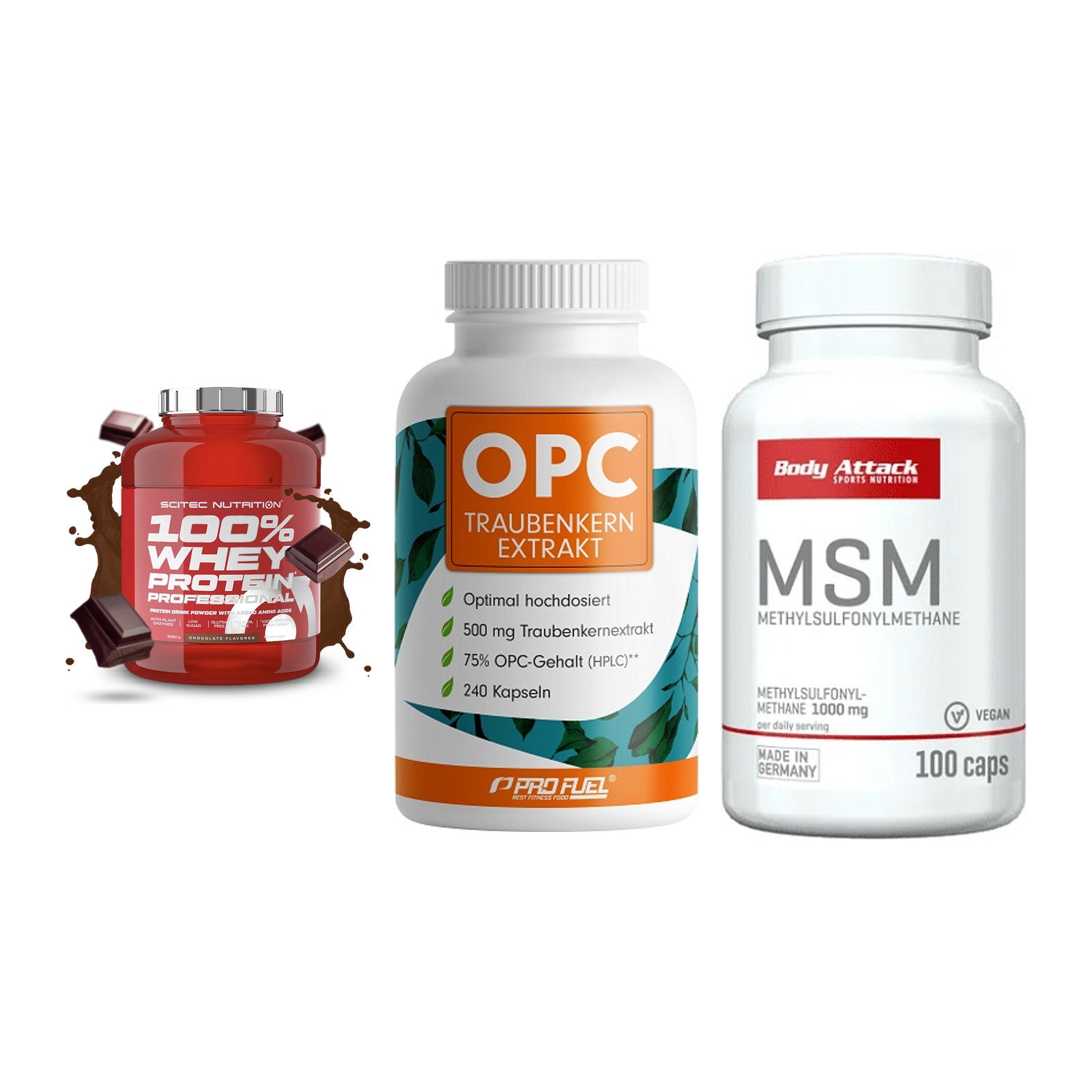 Regenerations-Set: Scitec 100% + ProFuel OPC + Body Attack MSM – alle enthaltenen Artikel