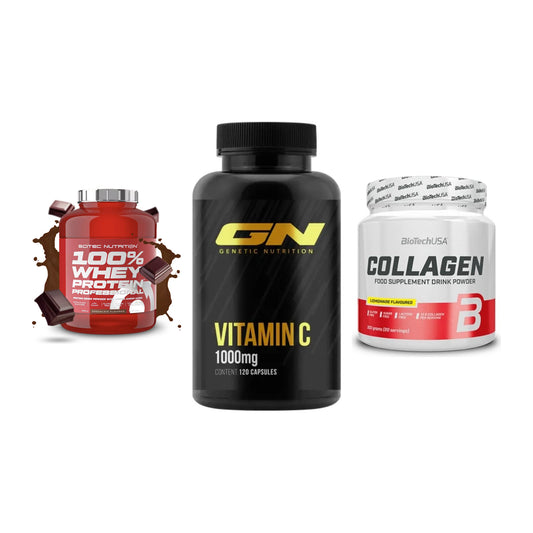 Regenerations-Set: Scitec 100% + GN Vitamin C + BioTech Collage – alle enthaltenen Artikel