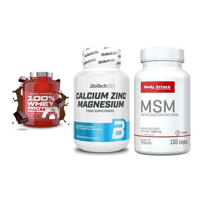 Regenerations-Set: Scitec 100% + BioTech Calcium + Body Attack MSM – alle enthaltenen Artikel