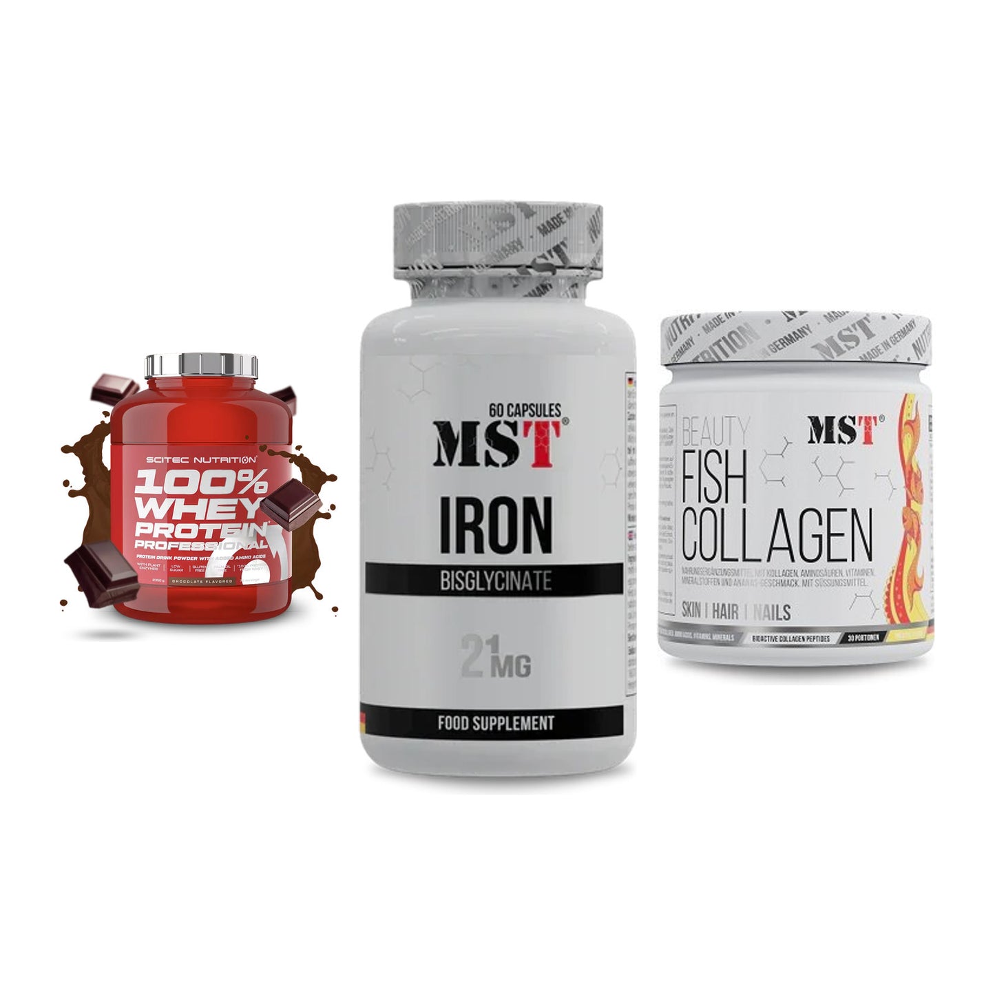 Regenerations-Set: Scitec 100% + MST Iron + MST Beauty Fish – alle enthaltenen Artikel