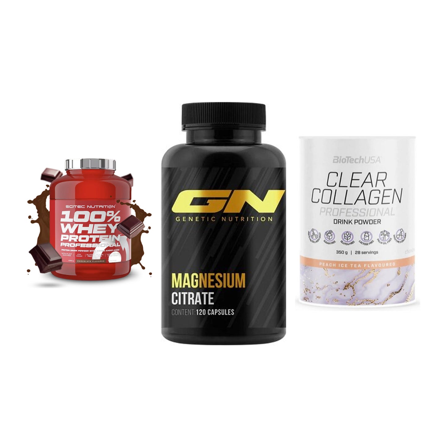 Regenerations-Set: Scitec 100% + GN Magnesium + BioTech Clear – alle enthaltenen Artikel