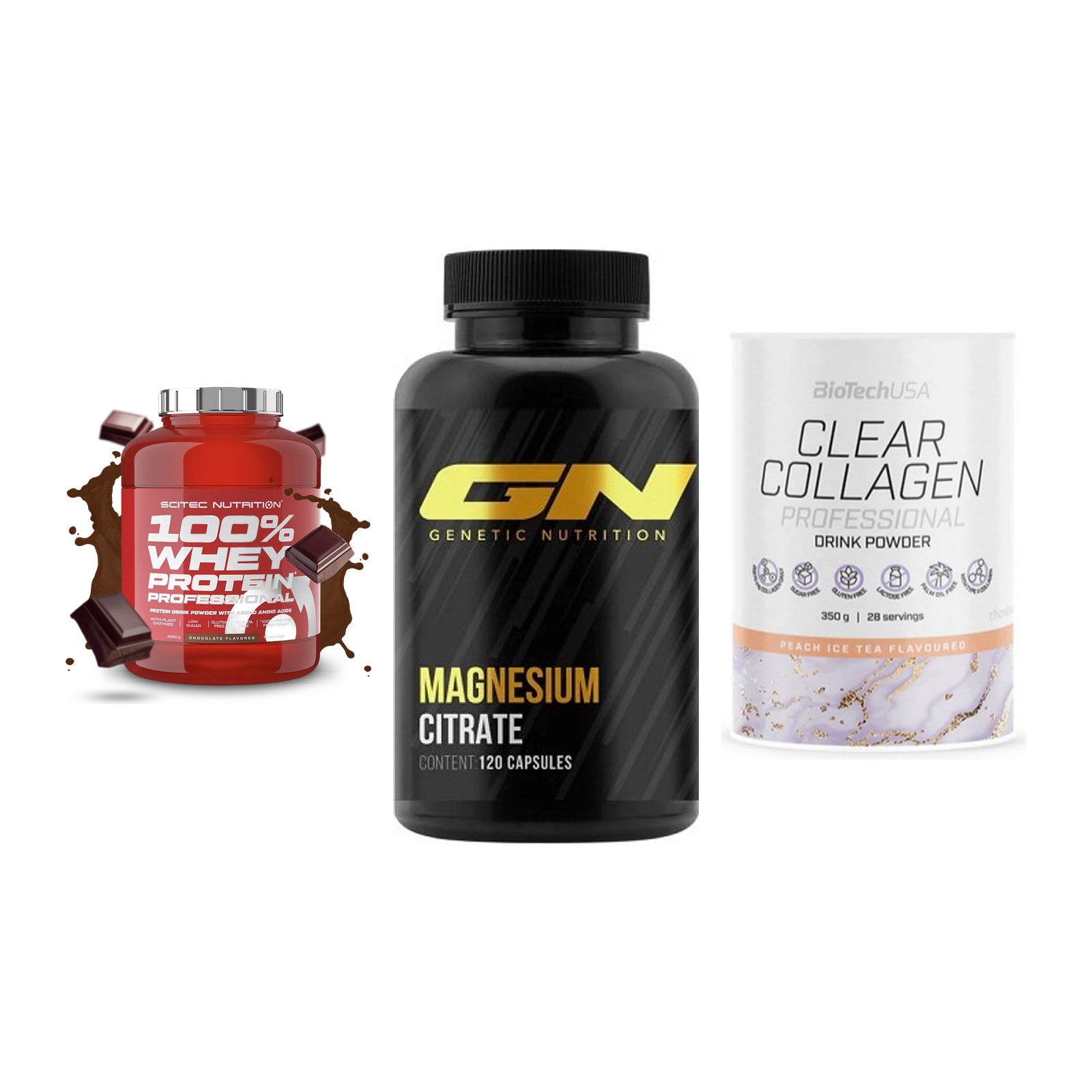 Regenerations-Set: Scitec 100% + GN Magnesium + BioTech Clear – alle enthaltenen Artikel