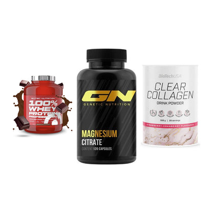 Regenerations-Set: Scitec 100% + GN Magnesium + BioTech Clear – alle enthaltenen Artikel