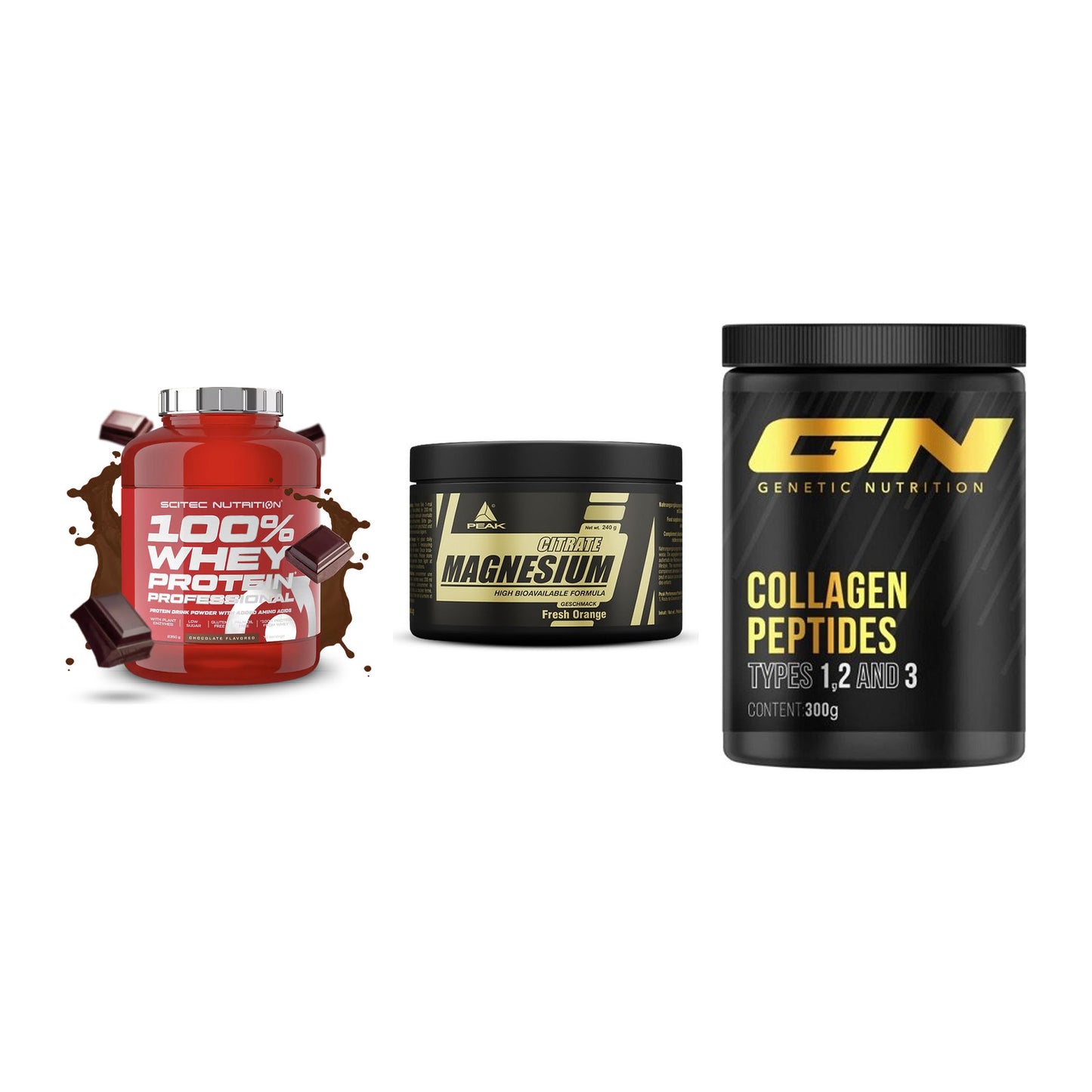 Regenerations-Set: Scitec 100% + Peak Magnesium + GN Peptan – alle enthaltenen Artikel