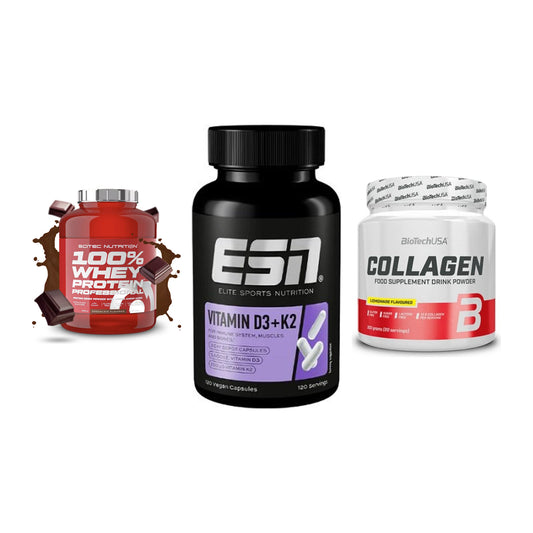 Regenerations-Set: Scitec 100% + ESN Vitamin D3 + BioTech Collage – alle enthaltenen Artikel