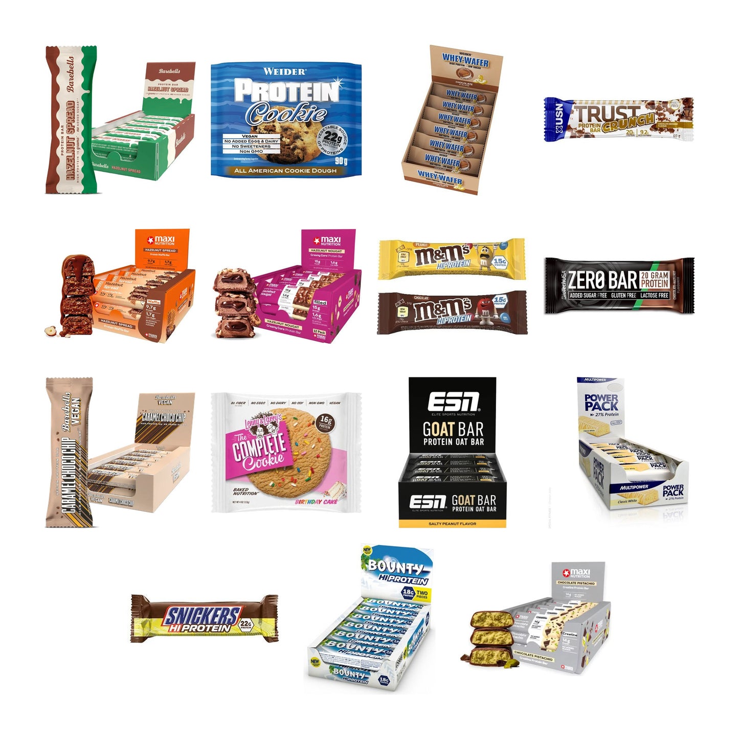 Riegel-Monatsvorrat: Barebells Spread + Weider Protein + 13 weitere – alle enthaltenen Artikel