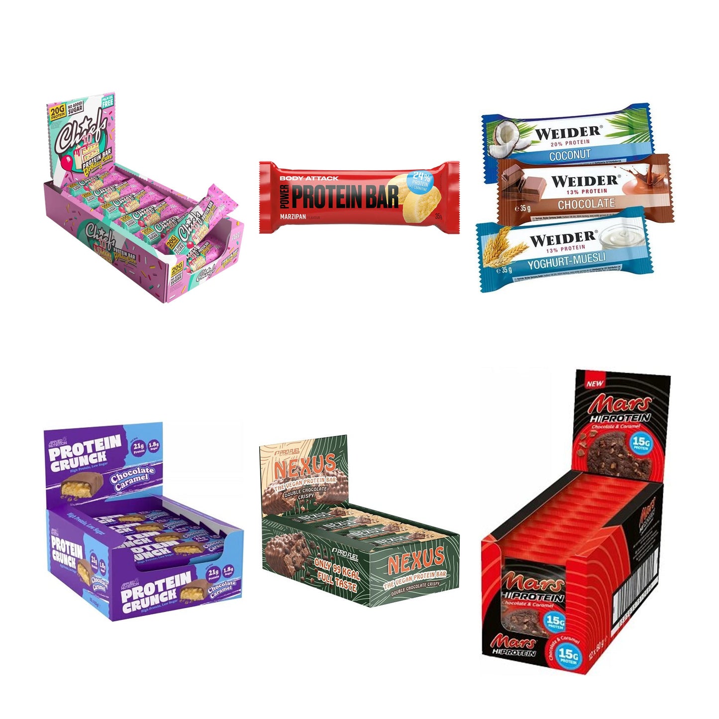 Riegel-Probierset: Chiefs Protein Bar + Body Attack Power + 4 weitere – alle enthaltenen Artikel
