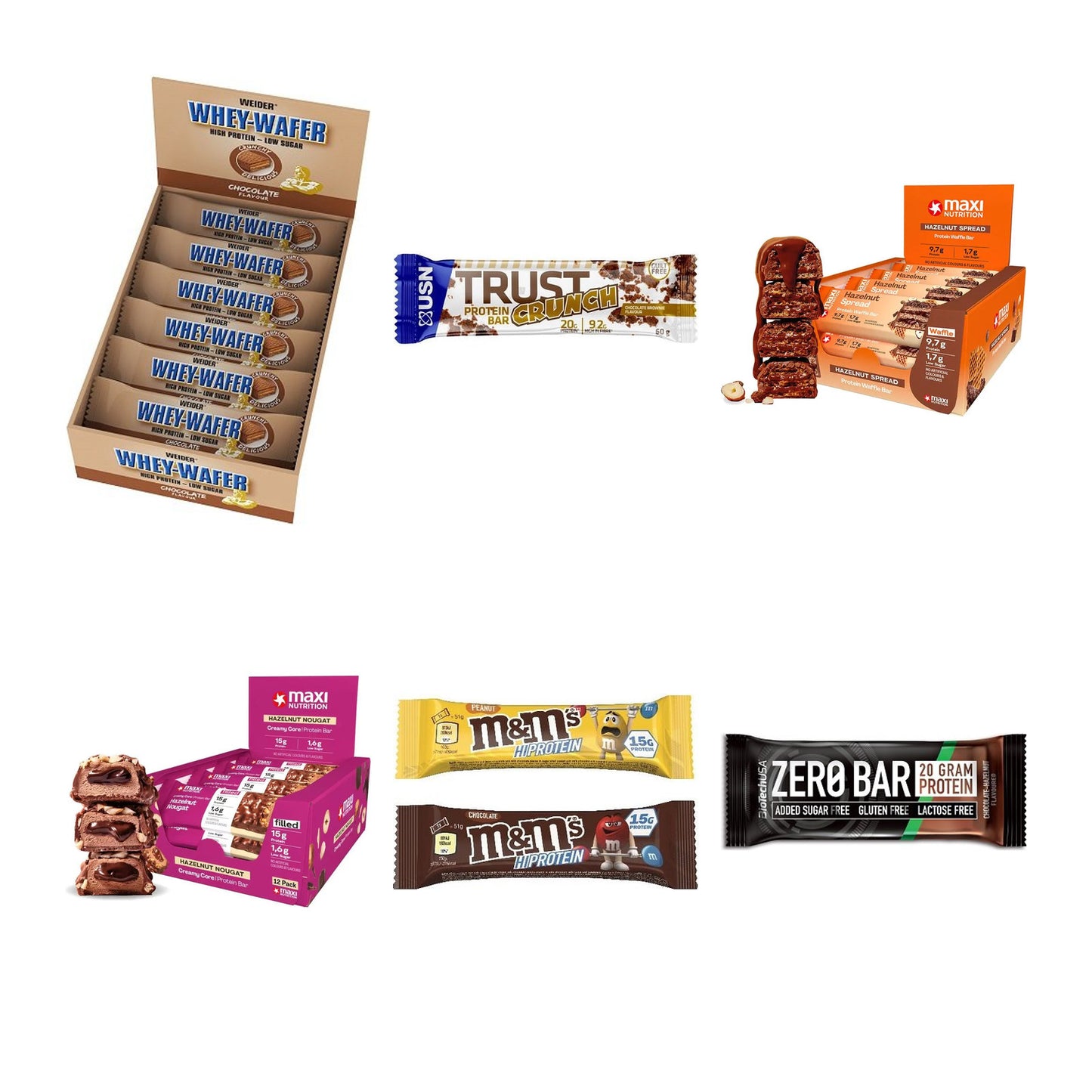 Riegel-Probierset: Weider Whey Wafer + USN TRUST Crunch + 4 weitere – alle enthaltenen Artikel
