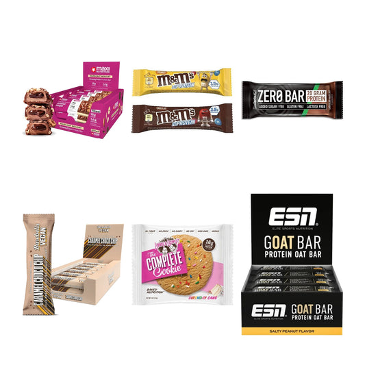 Riegel-Probierset: MaxiNutrition + M&M Protein Bar + 4 weitere – alle enthaltenen Artikel