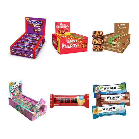 Riegel-Probierset: Snickers High + Olimp Energy+ Bar + 4 weitere – alle enthaltenen Artikel