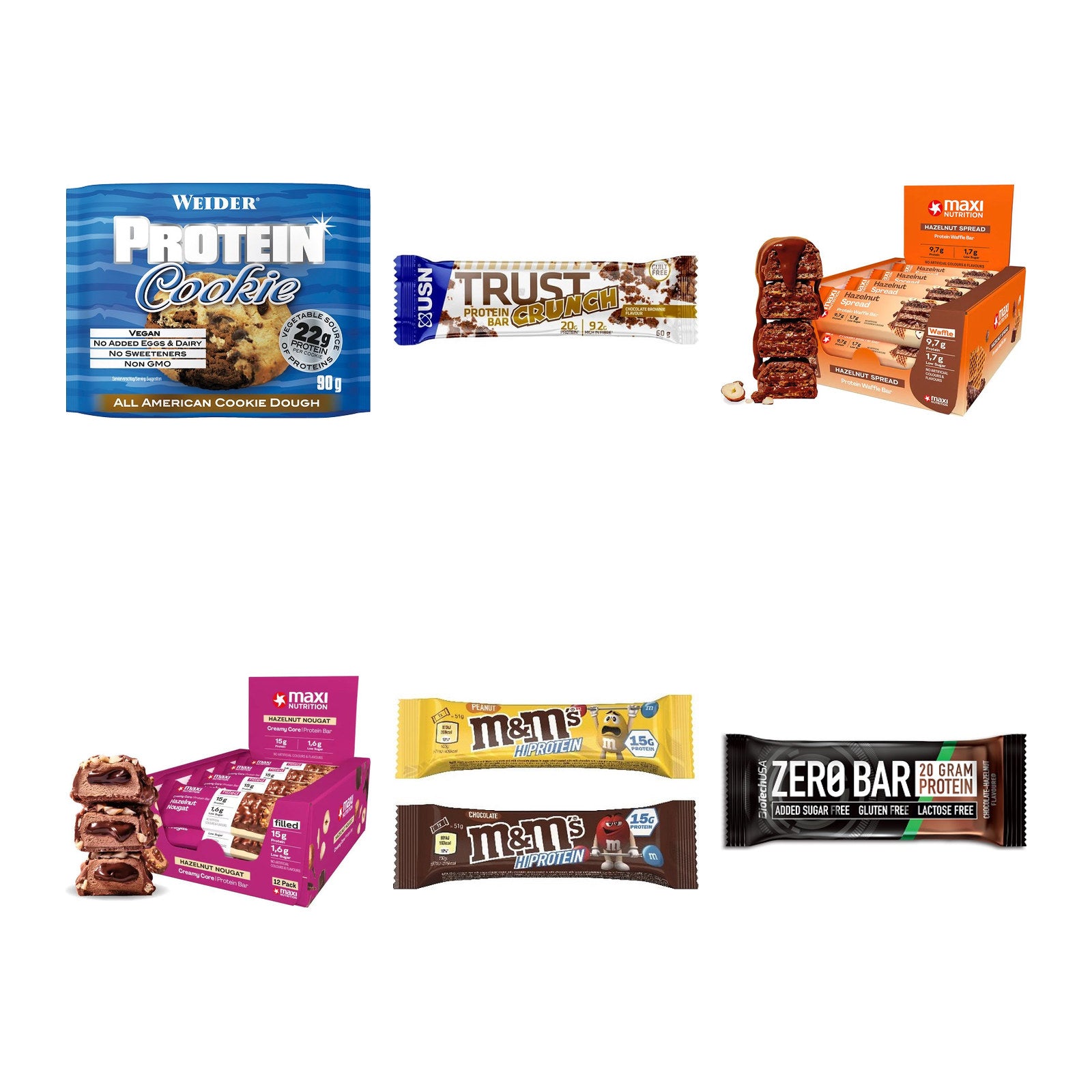 Riegel-Probierset: Weider Protein + USN TRUST Crunch + 4 weitere – alle enthaltenen Artikel
