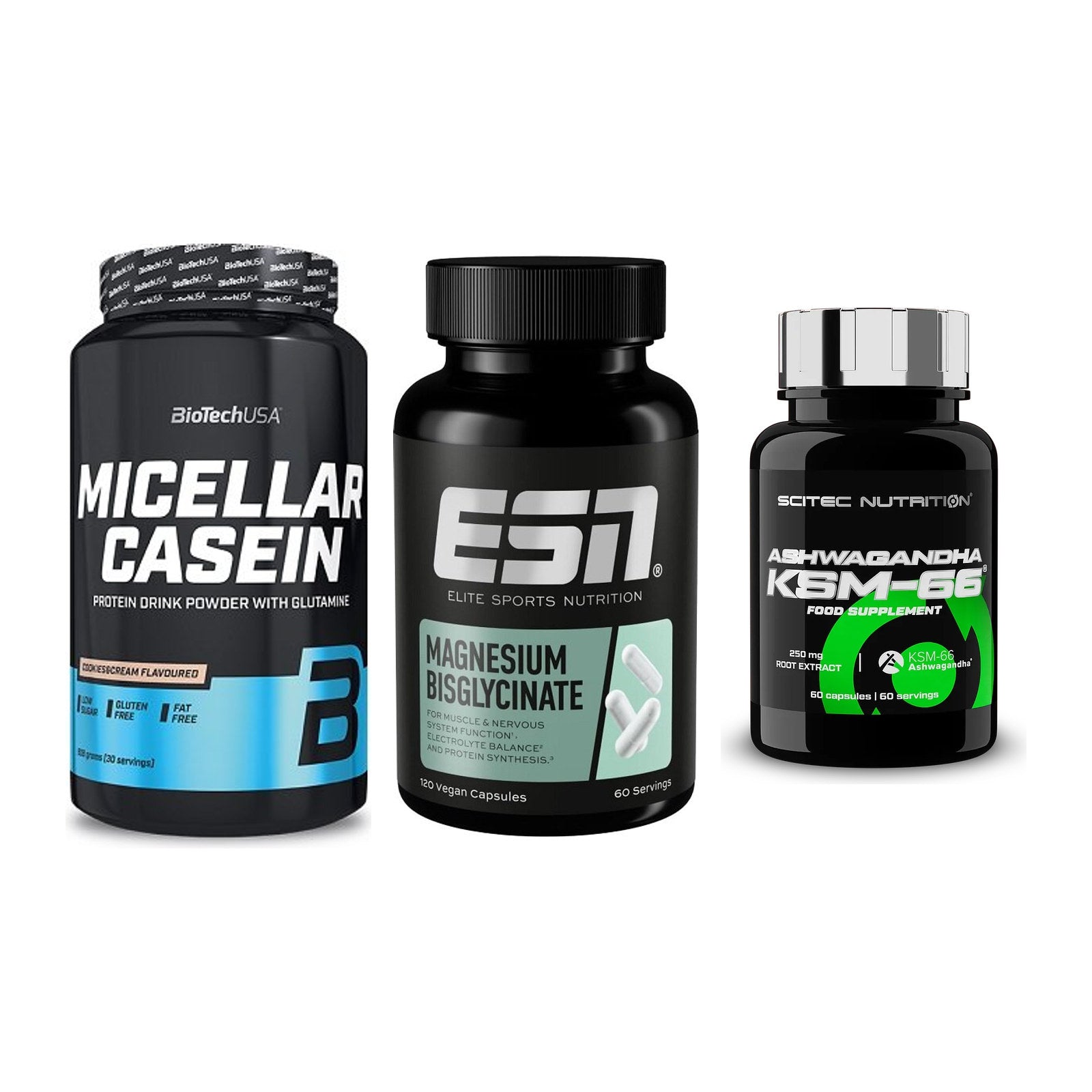 Schlaf & Erholung: BioTech Micella + ESN Magnesium + Scitec KSM-66 – alle enthaltenen Artikel