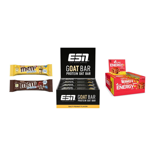 Erdnuss Lieblingssorten-Riegelbox: 2× M&M Protein Bar + 2 weitere – alle enthaltenen Artikel